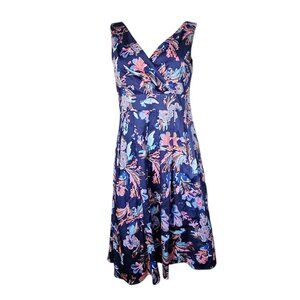Lands End Dress Womens Size 6 Blue Pink Floral Sleeveless Pleated V Neck